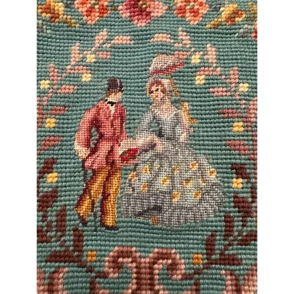 SHOWPIECE! NEVER USED VINTAGE 50's TEAL NEEDLEPOINT & PETITPOINT LEATHER BAG - Picture 11 of 14